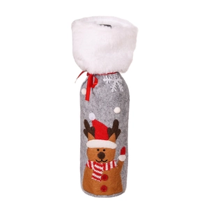 Grey felt Christmas wine bottle cover featuring reindeer pattern and white faux fur trim