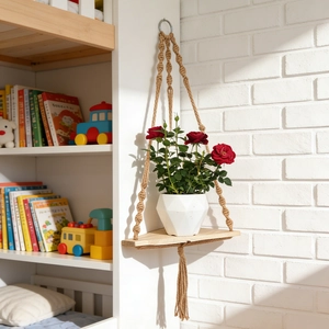 Handwoven macrame corner shelf with triangular wood board and tassel for wall decor