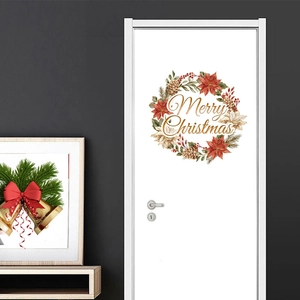 Détail d'autocollant Merry Christmas avec poinsettia rouge et couronne de pommes de pin