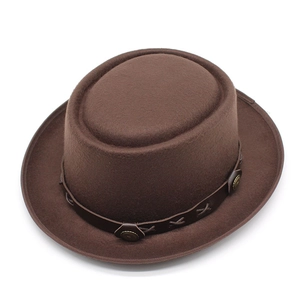 Classic dark brown wool felt fedora hat with vintage leather band and metal rivets