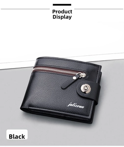 Detail view of black pebble leather men's wallet with metal zipper and magnetic buckle