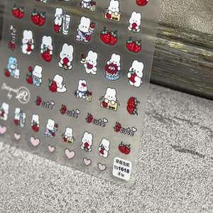 Macro detail of strawberry rabbit 5D nail art stickers with ultra-thin flexible texture
