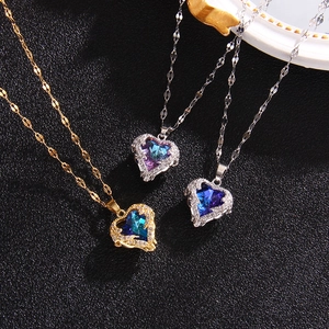 Elegant titanium steel heart wing necklace with gradient colorful crystal pendants