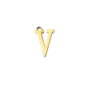 Polished gold stainless steel letter V pendant charm detail with a small top ring loop