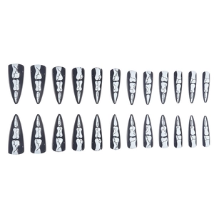 Halloween black stiletto press-on nails with white skeleton bone patterns, 24 piece set