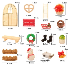Miniature Christmas dollhouse set with snowmen, wreath, boots and 1m LED light string