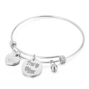 Silver adjustable stainless steel bracelet with heart pendant and True Love charms