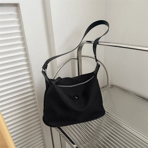 Minimalist black large capacity nylon tote bag for women with adjustable shoulder strap