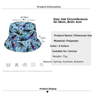 Detailed size chart of camouflage dinosaur bucket hat showing 56-58cm circumference