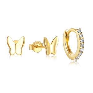 Detail of 925 sterling silver butterfly earrings and gold hoop with sparkling zircons