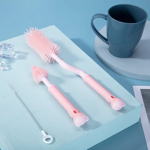 Set spazzole rosa in silicone per biberon con manico rotante a 360 gradi per la pulizia