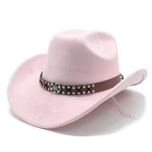 Detail of pink faux suede cowboy hat with studded leather band and metal buckle accessory