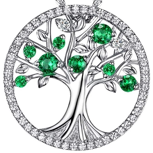 Classic silver Tree of Life necklace pendant with emerald green gems and white zircons