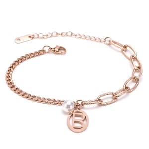 Rose gold stainless steel bracelet with white pearl and letter B pendant on Cuban chain