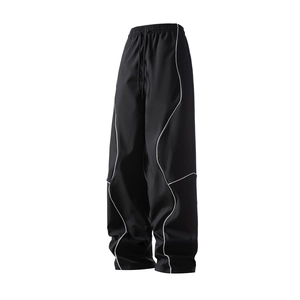 Men Wide Leg Casual Pants Black White Wave Piping Detail Streetwear Sporty Straight Trousers Elastic Drawstring Waist