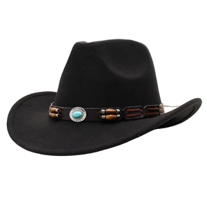 Western Cowboy Hat Wool Felt Fedora Retro Ethnic Jazz Hat With Turquoise Wood Beads Leather Belt For Men Women