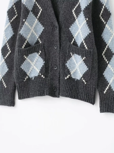 Detail of Argyle knit cardigan featuring grey fabric with blue and white diamond patterns
