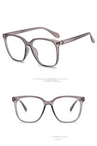 Detail of transparent grey oversized frames with gold D-shaped hinge and frontal view
