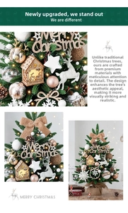 Detail of mini Christmas tree featuring LED lights, wooden signs, and reindeer ornaments