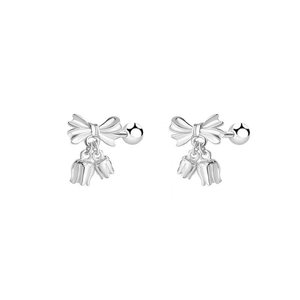 Elegant 925 silver plated bow earrings with delicate bell-shaped drops on white background