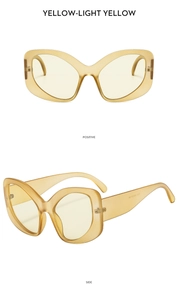Detail view of yellow cat-eye sunglasses showing positive and side angles on white background