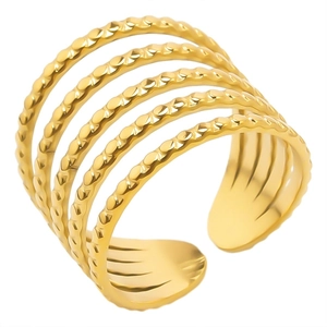 Adjustable multilayer 304 stainless steel ring featuring five rows of gold beaded textures