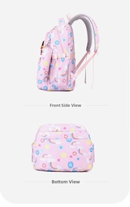Detailed side and bottom view of pink ergonomic school backpack with rainbow patterns
