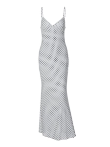 Elegant French-style white polka dot maxi dress with deep V-neck and slim fit design