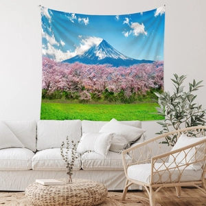 Close-up of Mount Fuji and cherry blossoms wall tapestry in a minimalist living room