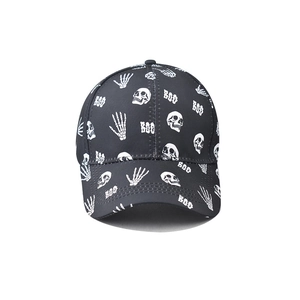 Classic black baseball cap featuring white skull prints and BOO text for Halloween