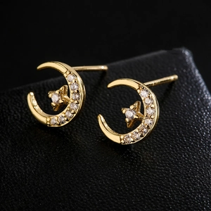 18K gold plated celestial moon and star stud earrings with sparkling cubic zirconia crystals