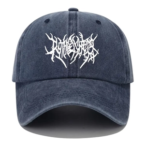Washed charcoal grey baseball cap with white death metal graphic print for men and women