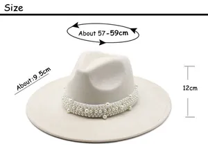 Size chart for wide brim fedora hat with pearls showing 57-59cm circumference and 9.5cm brim