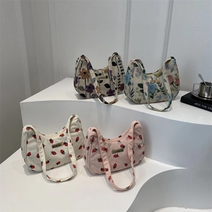 Vintage Strawberry Floral Print Underarm Shoulder Bag Corduroy Woven Fabric Casual For Women Girls