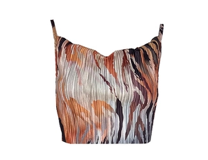 Detail of pleated crop top with abstract fluid print and delicate thin straps