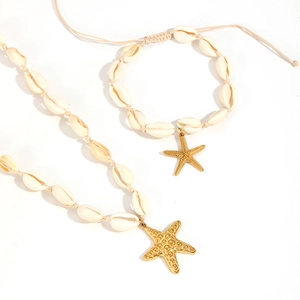 Starfish shell necklace and bracelet jewelry set for women with golden charms and rope