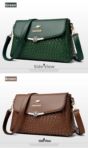 Detail view of woven leather shoulder bags in green and brown with metal flower clasp