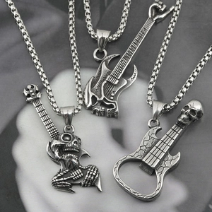 Guitar Skull Pendant Necklace Titanium Steel Bottle Opener Rock Punk Hip Hop Gothic Jewelry For Men Women Cool Gift