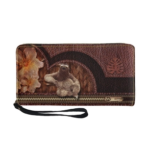 Long zipper wallet featuring a cute sloth and flower print on brown leather texture