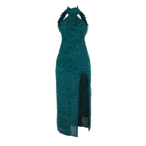 Dark green backless halter neck textured fringe midi dress with side high slit