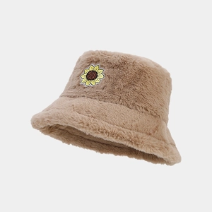 Cappello a secchiello in peluche kaki caldo con ricamo girasole dal design minimalista