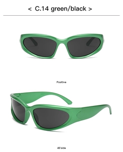 Detail view of green frame sport sunglasses showing front and side profile with dark lenses