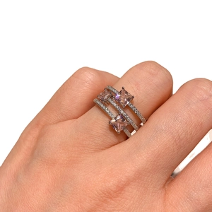 Elegant triple-layered silver ring with square pink stone and pavé setting