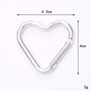 Silver heart carabiner clip for DIY bags, 4.3cm width and 4cm height dimensions
