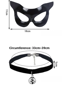 Detailed size specifications for the black cat half-mask and bell choker set