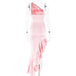 Detail of pink satin one-shoulder dress showing asymmetric backless cut and ruffled hemline