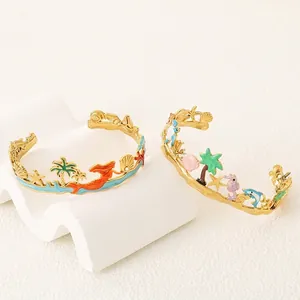 Ocean Theme Cuff Bangle Stainless Steel Gold Plated Colorful Enamel Mermaid Starfish Palm Tree Summer Beach Jewelry Women