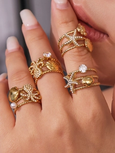 Detailed view of ocean-themed gold rings with 5A zircon starfish and octopus designs