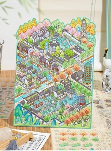 Detail of 3D Suzhou garden landscape stickers displayed on a traditional bamboo mat