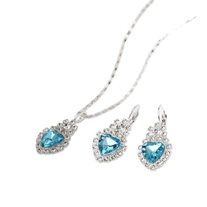 Silver jewelry set featuring blue heart crystal necklace and matching stud earrings